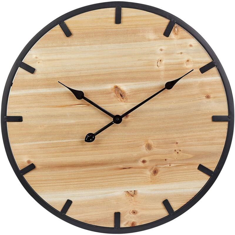 Beliani - Horloge Murale Moderne Ronde 60 cm Bois de Sapin Clair et Métal Noir Caborca