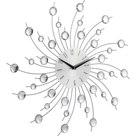 Horloge Murale Moderne Soleil Strass Diamant Perles Cuisine Salon Silencieuse 33 cm Argent