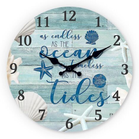 Horloge murale nautique silencieuse  25 cm - Design océan coquillages étoiles de mer - Décoration cuisine salon chambre à coucher salle de bain