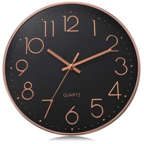 Horloge Murale Noir Moderne Silencieuse 30cm,Quartz sans Tic-tac Déco,Chiffres 3D Or Rose Pendule Murale Classique Facile à Lire