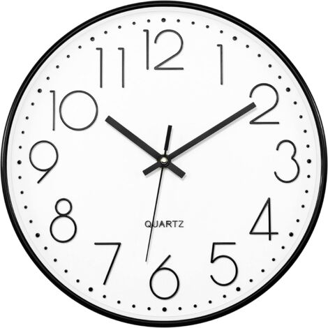 Horloge murale noire 30.5cm silencieuse quartz, sans tic-tac, ronde piles, pour bureau maison salon cuisine décoration