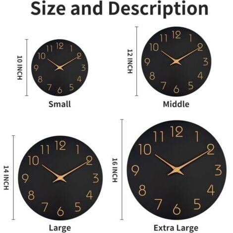 Horloge murale noire, 35,6 cm, silencieuse (sans tic-tac), chiffres or rose, style minimaliste, convient pour la chambre, le salon et la cuisine.