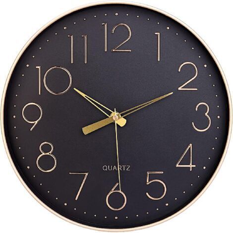 Horloge murale noire de 30,5 cm, silencieuse, sans tic-tac, chiffres arabes, horloge murale ronde décorative pour salon, chambre, cuisine (pile non incluse), chiffres dorés