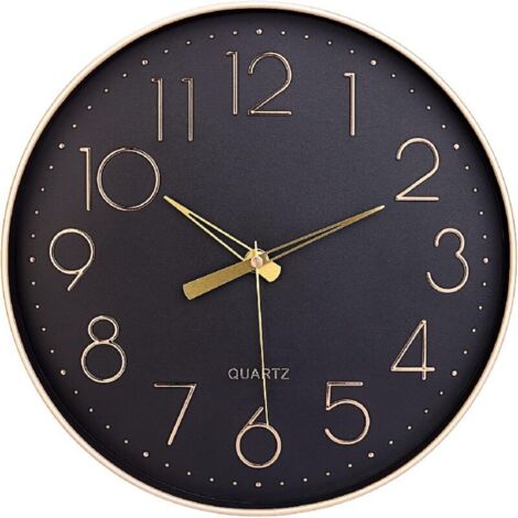 Horloge murale noire de 30,5 cm, silencieuse, sans tic-tac, chiffres arabes, horloge murale ronde décorative pour salon, chambre, cuisine (pile non incluse), chiffres dorés