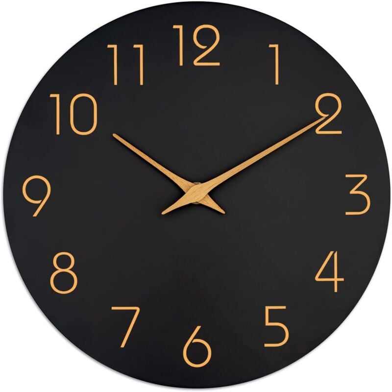 Sunxury - Horloge murale noire de 35,6 cm, silencieuse, sans tic-tac, silencieuse, avec chiffres en or rose, décoration minimaliste pour chambre à