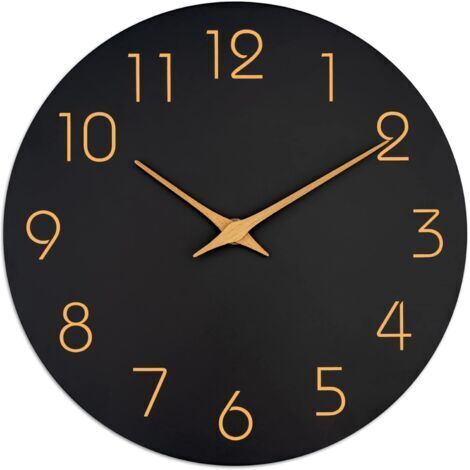 Horloge murale noire de 35,6 cm, silencieuse, sans tic-tac, silencieuse, avec chiffres en or rose, décoration minimaliste pour chambre à coucher, salon, cuisine (noir)