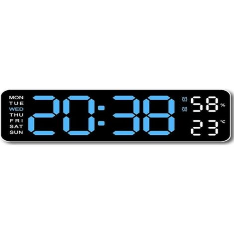 Horloge murale numérique 23 cm blanche et bleue affichage température humidité jour semaine luminosité réglable format 12/24 h LED alarme