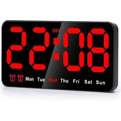 Horloge murale numérique à LED de 9 pouces avec grands chiffres 12/24 h, petite horloge murale silencieuse, lettres noires et rouges