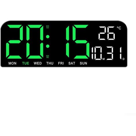 Horloge murale numérique colorée – Grand réveil numérique avec température, date, minuterie, veilleuse, alarme, compte à rebours – Alarme LED grand écran (vert)