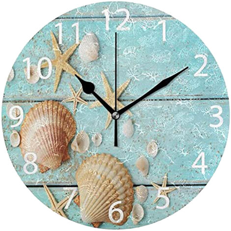 Horloge murale numérique créative, motif coquillages et étoiles de mer sur fond de paysage de plage