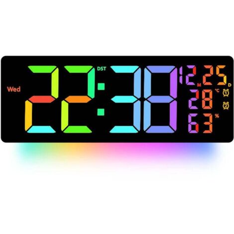 Horloge murale numérique, grand écran 16,5 pouces, double alarme, variateur automatique de luminosité – Suivi facile de l'heure, de la date, du jour de la semaine et de la température, avec télécomman