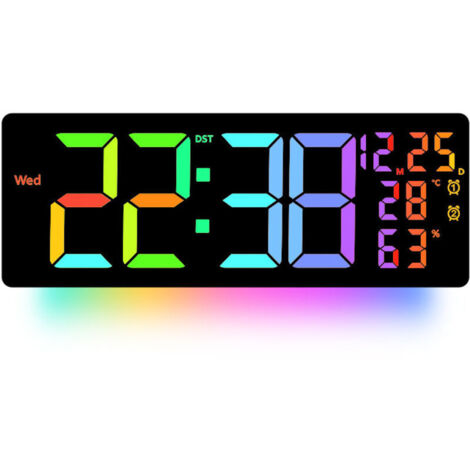 Horloge murale numérique, grand écran 16,5 pouces, double alarme, variateur automatique de luminosité – Suivi facile de l'heure, de la date, du jour de la semaine et de la température, avec télécomman