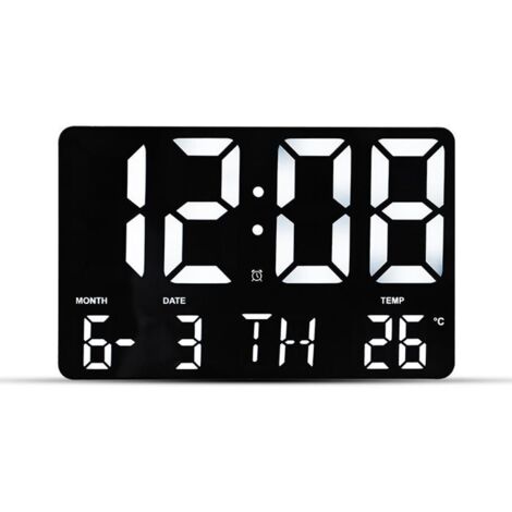 Horloge Murale Numérique - Grand Format - Éclairage Blanc - Luminosité Réglable - Couleur Noire