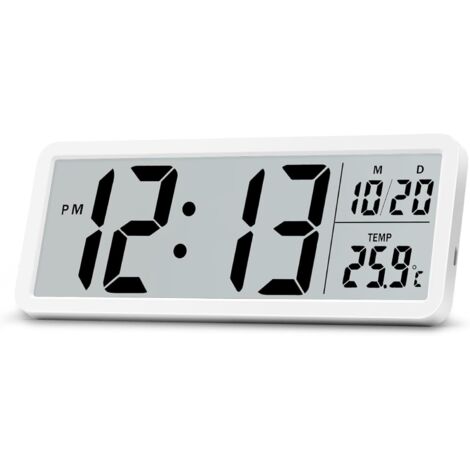 Horloge murale numérique LCD 8,5" à piles, grands chiffres, température, date, 12/24h, pour salon/chambre/bureau/cuisine (blanc)