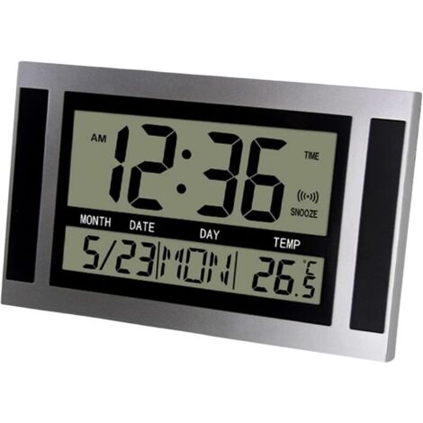 Horloge murale numérique LCD grand écran – Affichage heure, température, calendrier – Alarme avec répétition – Design moderne argent 25x15,5cm