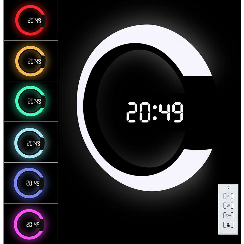 Horloge Murale numérique LED avec télécommande, Horloge Murale alimentée par USB, 12/24H, température, 3 luminosités, lumière RVB 7 Couleurs, Alarme