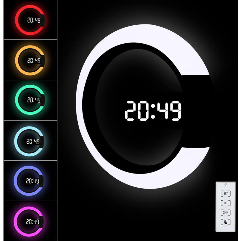 Horloge Murale numérique LED avec télécommande,Horloge Murale alimentée par USB, 12/24H, température, 3 luminosités, lumière RVB 7 Couleurs, Alarme