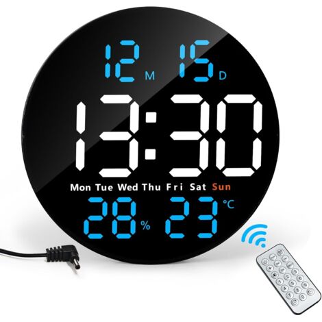 Horloge murale numérique LED ronde 25 cm bleue, télécommande, température, humidité, date, alarmes