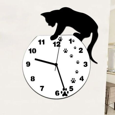 Horloge Murale Pendule 3D Chat Silencieuse DIY Décoration Idéale Pour Chambre Salon Cuisine Bureau Animal chat aux pas
