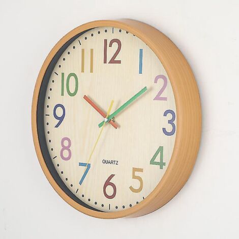 Horloge murale pour enfants, 30 cm (12 pouces), mouvement silencieux, chiffres colorés, sans tic-tac, facile à lire, accessoire de décoration.