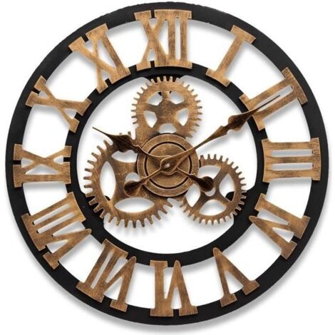 Horloge Murale Quartz Antique Gear Bois - 45CM - Marron et Noir - Vintage