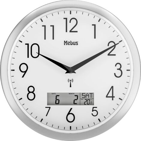 Horloge murale radiopilotée 19422 – 30 cm argent – Affichage numérique de l'heure, date et température – Design moderne – Mebus
