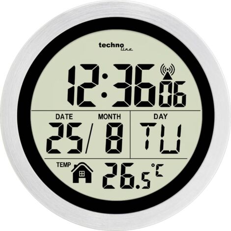 Horloge murale radiopilotée WT3005 – Ø 14.7 cm – Aluminium argent – IP24 pour pièces sèches et humides – Affichage numérique de la température – Technoline - Y373702