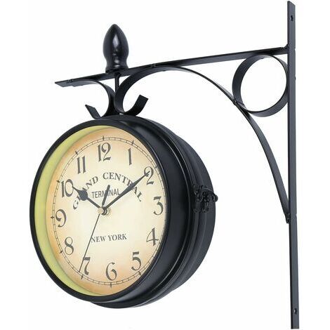 Horloge murale rétro double cadran 12 cm – Verre et métal résistant aux intempéries – Hauteur 31 cm pour intérieur et extérieur