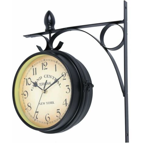 Horloge murale rétro double cadran 12 cm – Verre et métal résistant aux intempéries – Hauteur 31 cm pour intérieur et extérieur