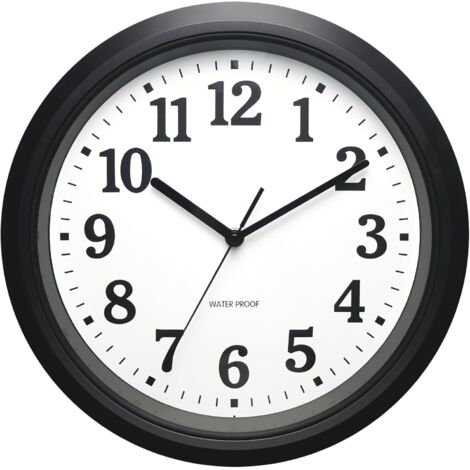 Horloge Murale Rond - 30 Cm - Étanche IP67 - Mécanisme Quartz Silencieux - Pour Intérieur Extérieur Jardin Patio Salle De Bain Piscine - Noir
