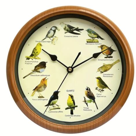 Horloge Murale Ronde avec Chant d’Oiseaux 25 cm, Réveil Silencieux Aspect Bois Brun