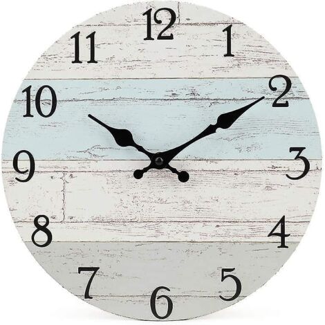 Horloge murale ronde décorative en bois, motif rustique à chiffres arabes - 25 cm - Bleu