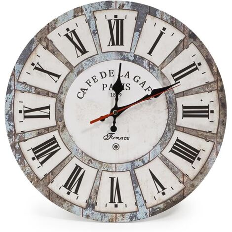 Horloge murale ronde en bois vintage silencieuse de 12 pouces Chiffre romain Vintage Style rustique Chic Décoration d'intérieur Horloge murale ronde en bois (Vacances romaines)
