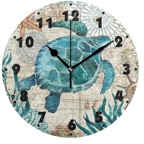 Horloge murale ronde vintage tortue de mer carte du monde silencieuse ne tique pas horloge suspendue à piles 9,8 pouces horloge de bureau silencieuse décor, 01,9,8 pouces pratique