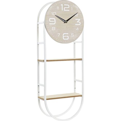 Horloge murale scandinave blanche étagère bois et métal - Blanc et bois naturel clair