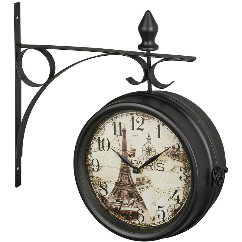 Horloge murale, se lit des deux côtés, tour Eiffel, design rétro, analogique, hlp : 34x35x10 cm, noire - Relaxdays