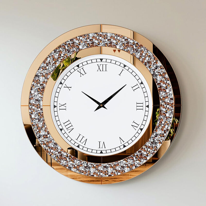 Luvodi - Horloge Murale Silence: 60cm Diamant Pendule Murale Ronde Design Cristale Montre Suspendu Décoratif en Miroir Biseauté Salon Chambre - Marron