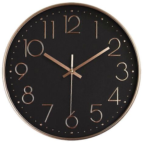 Horloge murale silencieuse à quartz de qualité, ronde et facile à lire - Noir et or luxe