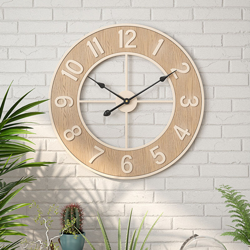 Horloge murale silencieuse de 60 cm, horloge ronde en grain de bois pour salon, chambre à coucher, cuisine, bureau, salle de classe