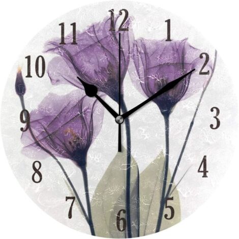 Horloge murale silencieuse ronde à piles avec fleurs violettes pour salon, cuisine, chambre à coucher