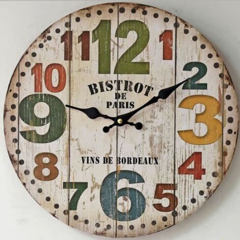 Horloge murale silencieux décorative en bois massif ornée de chiffres colorées