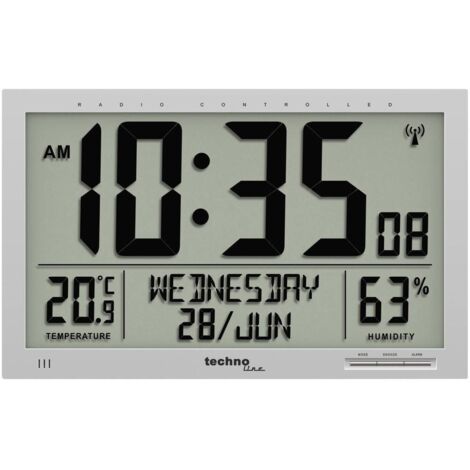 Horloge murale Techno Line WS 8013 radiopiloté(e) 369 mm x 229 mm x 24 mm argent grand écran C367461