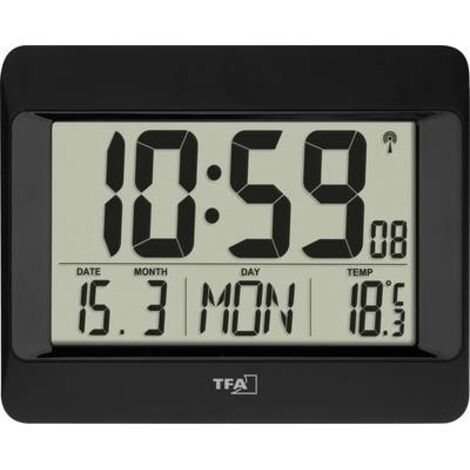 Horloge murale TFA Dostmann 60.4519.01 radiopiloté(e) 21.5 cm x 2.6 cm x 16 cm noir grand écran