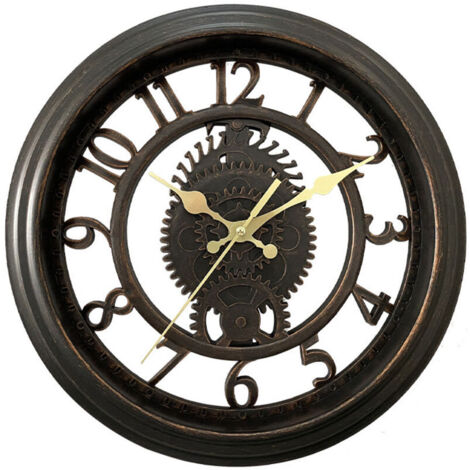 Horloge murale vintage 11" - Noir, Horloge murale créative squelette, Horloge murale de salon à lumière ronde, style luxe-Crezuo