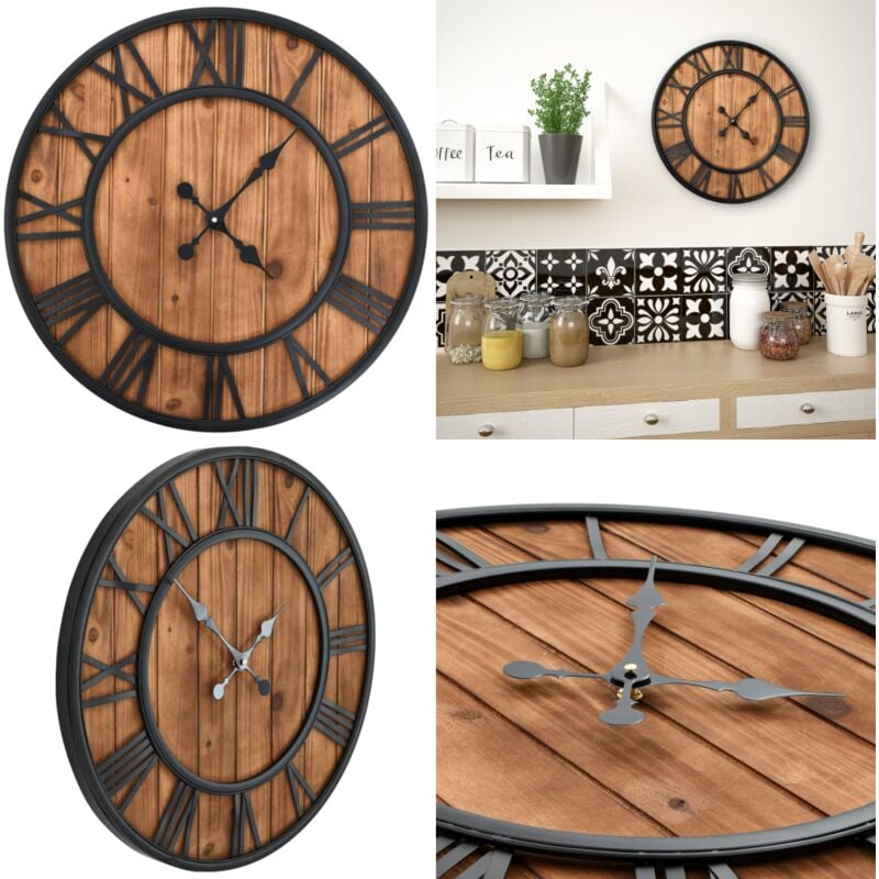 Vidaxl - Horloge murale vintage à quartz Bois et métal 60 cm xxl - horloge murale - horloges murales - Home & Living - Brun