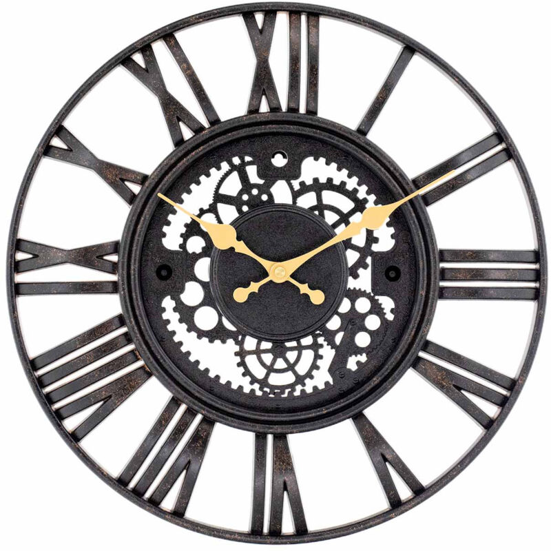 O91 - Horloge murale vintage noire/dorée Ø38 cm