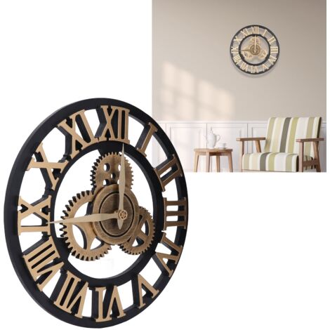 Horloge Murale Vintage Rétro Bois 34cm Artisanale à Numéros 3D et Engrenages Style Industriel pour Salon et Décoration Maison Gold - 1 unité
