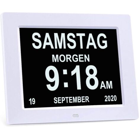 Horloge numérique 7 pouces avec grands chiffres, calendrier, alarme, rappel de prise de médicaments et multi-langues