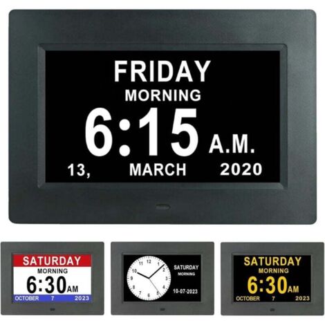 Horloge Numérique 7 Pouces LCD Calendrier Date Heure Auto Dimming 8 Langues HD Display Alzheimer Personnes Âgées Enfants Noir