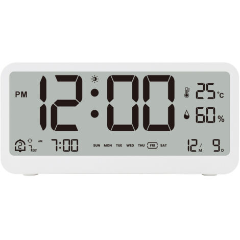 Horloge numérique 8001-EN multifonctionnelle, luminosité LED réglable, température, humidité, 2 alarmes, date, semaine, mois, 12/24h, snooze